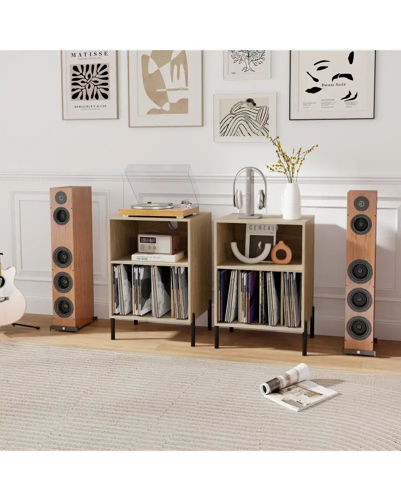 Record Player Stand with Record Storage Shelf and Charging Station-Natural - Natural - End & Side Tables