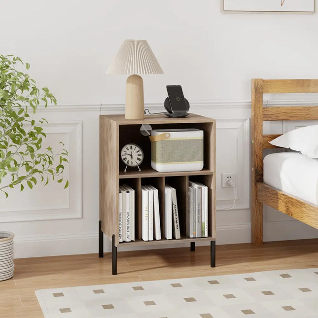 Record Player Stand with Record Storage Shelf and Charging Station-Natural - Natural - End & Side Tables