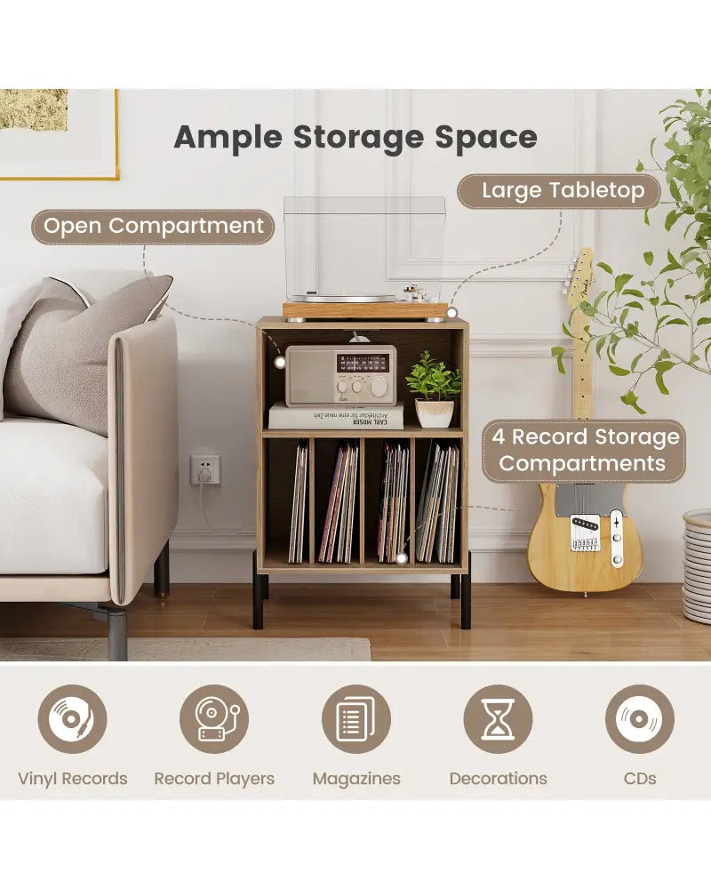 Record Player Stand with Record Storage Shelf and Charging Station-Natural - Natural - End & Side Tables