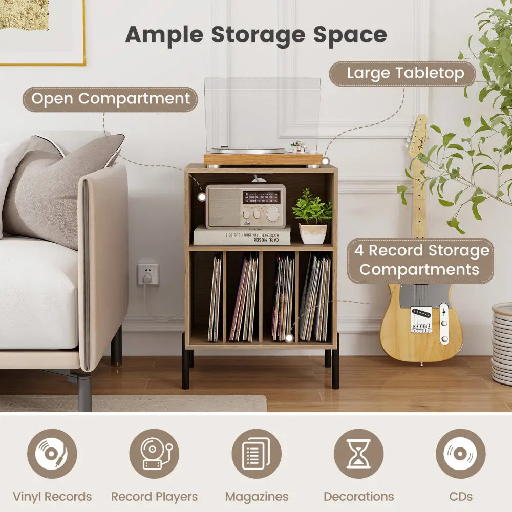 Record Player Stand with Record Storage Shelf and Charging Station-Natural - Natural - End & Side Tables