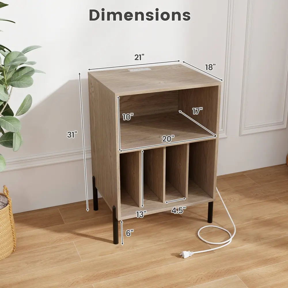 Record Player Stand with Record Storage Shelf and Charging Station-Natural - Natural - End & Side Tables