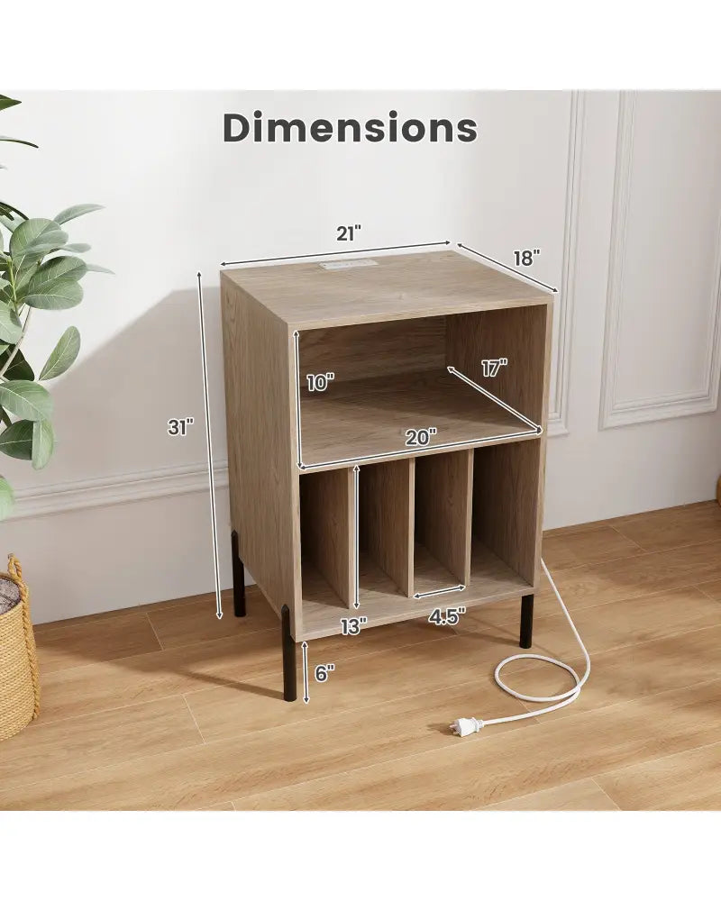 Record Player Stand with Record Storage Shelf and Charging Station-Natural - Natural - End & Side Tables