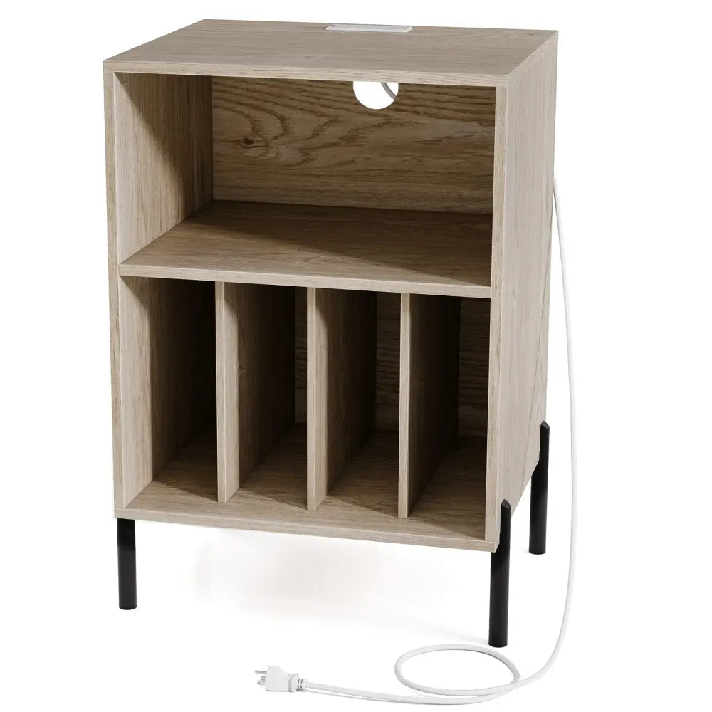Record Player Stand with Record Storage Shelf and Charging Station-Natural - Natural - End & Side Tables