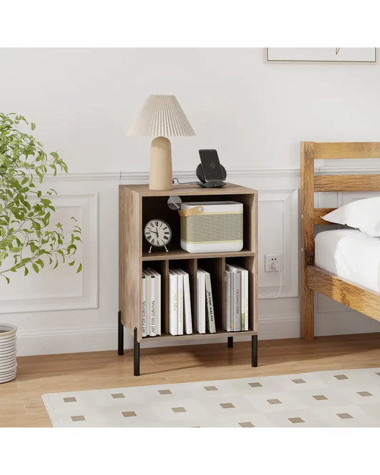 Record Player Stand with Record Storage Shelf and Charging Station-Natural - Natural - End & Side Tables