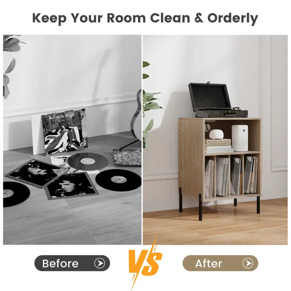 Record Player Stand with Record Storage Shelf and Charging Station-Natural - Natural - End & Side Tables