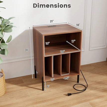 Record Player Stand with Record Storage Shelf and Charging Station-Walnut - Walnut - End & Side Tables