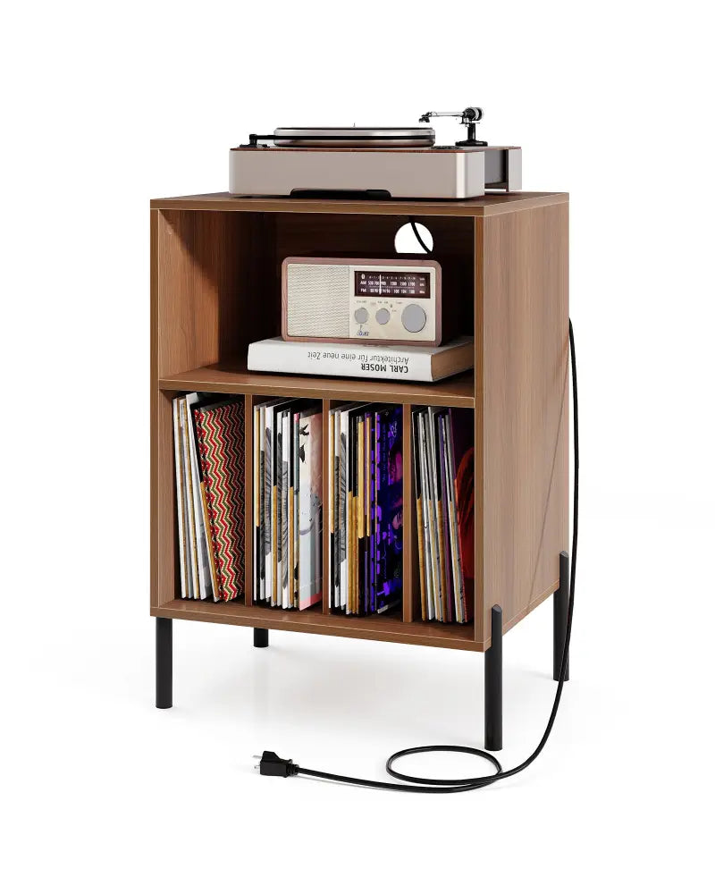 Record Player Stand with Record Storage Shelf and Charging Station-Walnut - Walnut - End & Side Tables