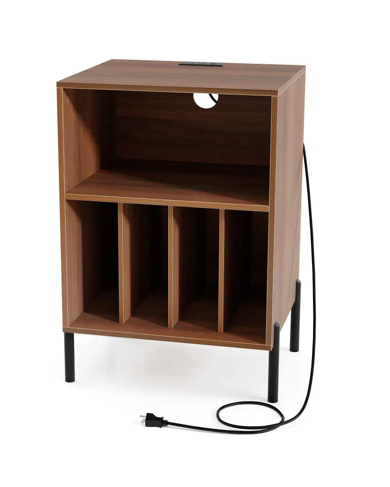 Record Player Stand with Record Storage Shelf and Charging Station-Walnut - Walnut - End & Side Tables