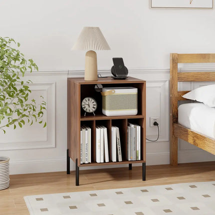 Record Player Stand with Record Storage Shelf and Charging Station-Walnut - Walnut - End & Side Tables