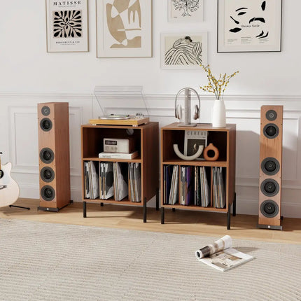 Record Player Stand with Record Storage Shelf and Charging Station-Walnut - Walnut - End & Side Tables