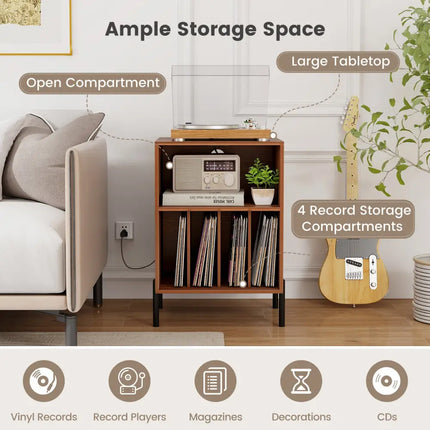 Record Player Stand with Record Storage Shelf and Charging Station-Walnut - Walnut - End & Side Tables