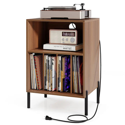 Record Player Stand with Record Storage Shelf and Charging Station-Walnut - Walnut - End & Side Tables