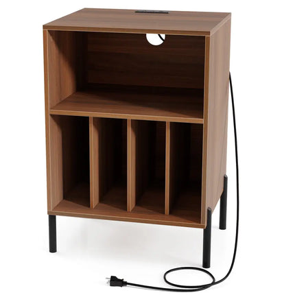 Record Player Stand with Record Storage Shelf and Charging Station-Walnut - Walnut - End & Side Tables