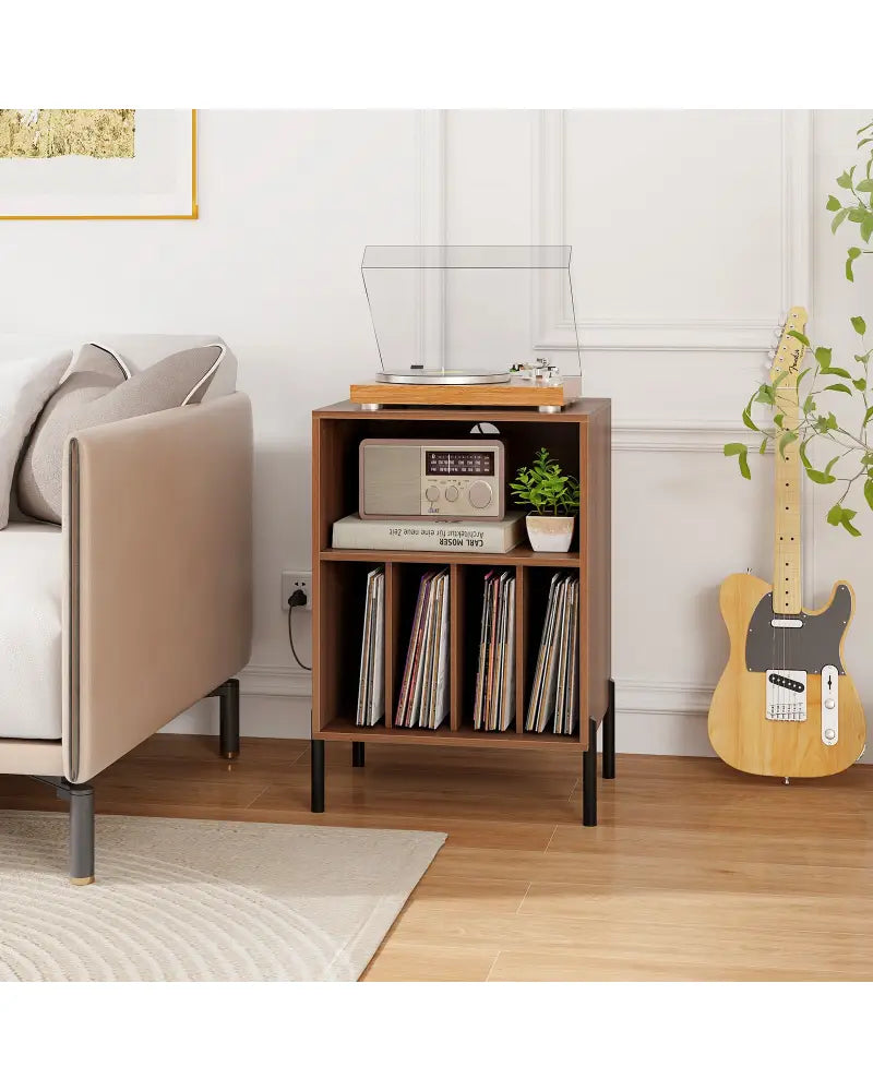 Record Player Stand with Record Storage Shelf and Charging Station-Walnut - Walnut - End & Side Tables