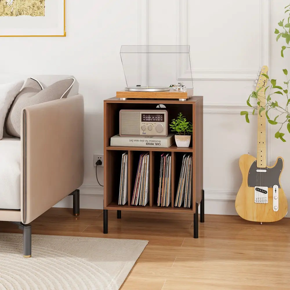 Record Player Stand with Record Storage Shelf and Charging Station-Walnut - Walnut - End & Side Tables