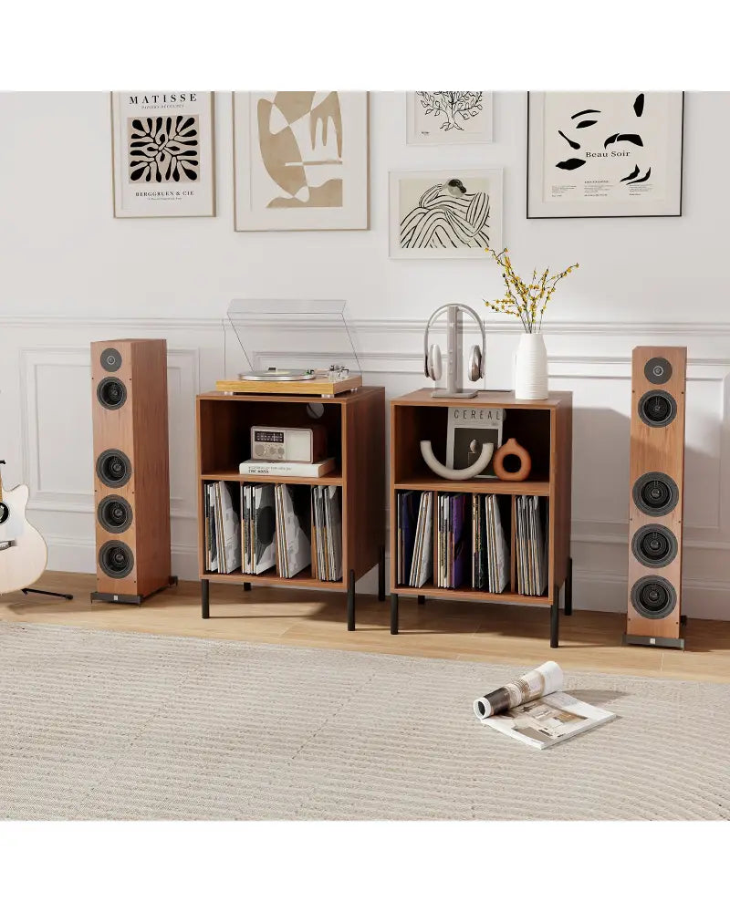 Record Player Stand with Record Storage Shelf and Charging Station-Walnut - Walnut - End & Side Tables