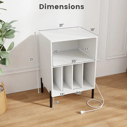 Record Player Stand with Record Storage Shelf and Charging Station-White - White - End & Side Tables