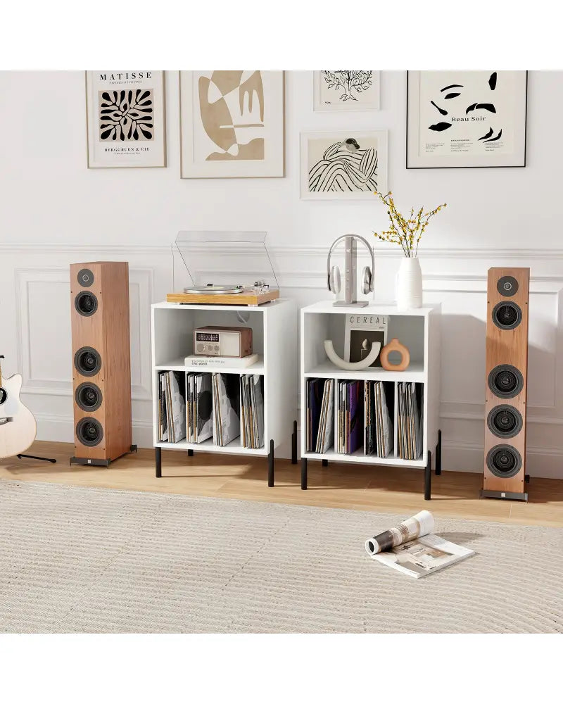 Record Player Stand with Record Storage Shelf and Charging Station-White - White - End & Side Tables