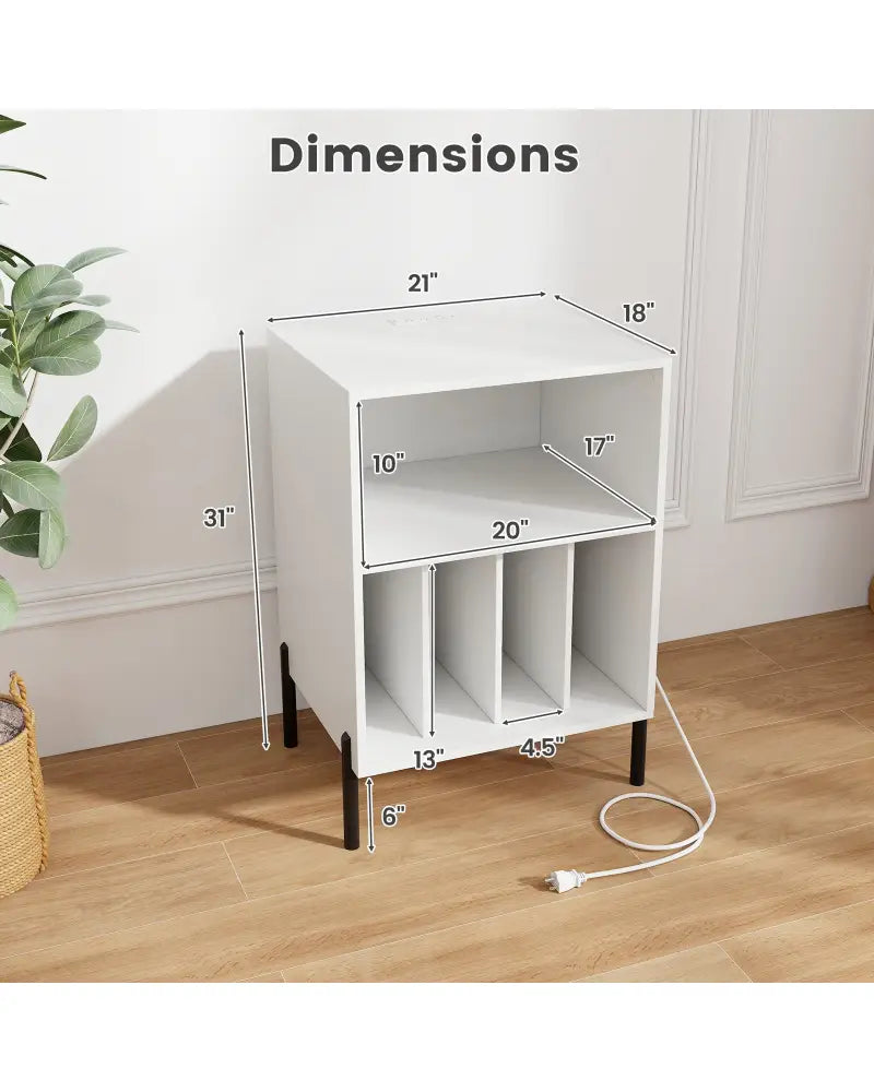 Record Player Stand with Record Storage Shelf and Charging Station-White - White - End & Side Tables