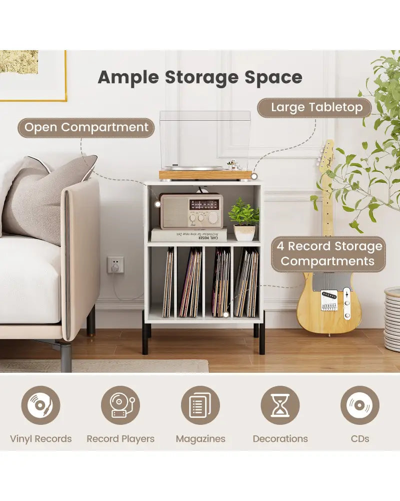 Record Player Stand with Record Storage Shelf and Charging Station-White - White - End & Side Tables