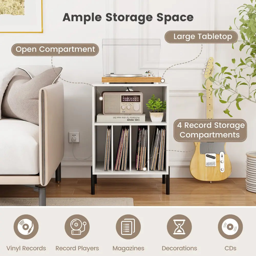 Record Player Stand with Record Storage Shelf and Charging Station-White - White - End & Side Tables