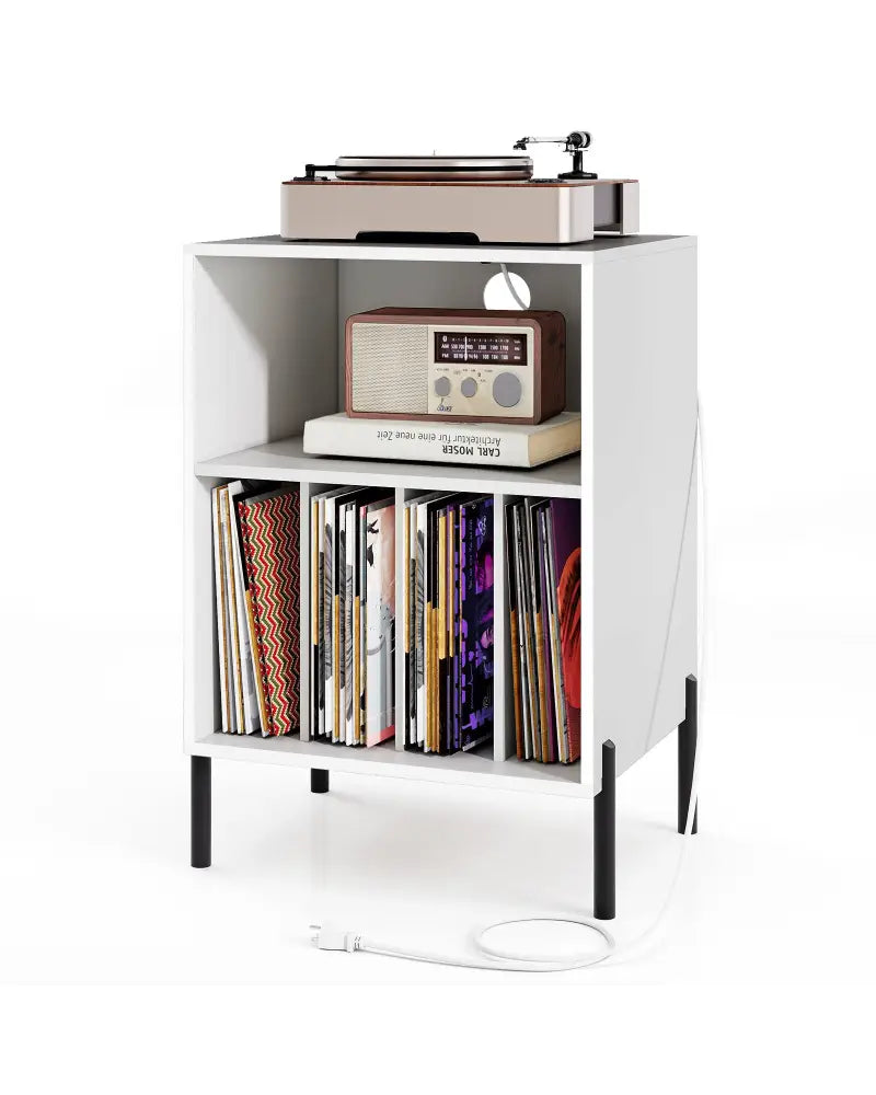 Record Player Stand with Record Storage Shelf and Charging Station-White - White - End & Side Tables