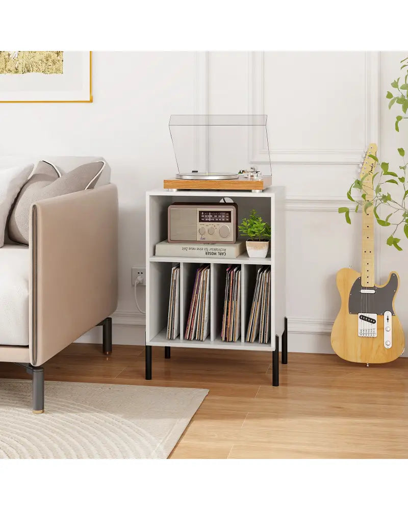 Record Player Stand with Record Storage Shelf and Charging Station-White - White - End & Side Tables