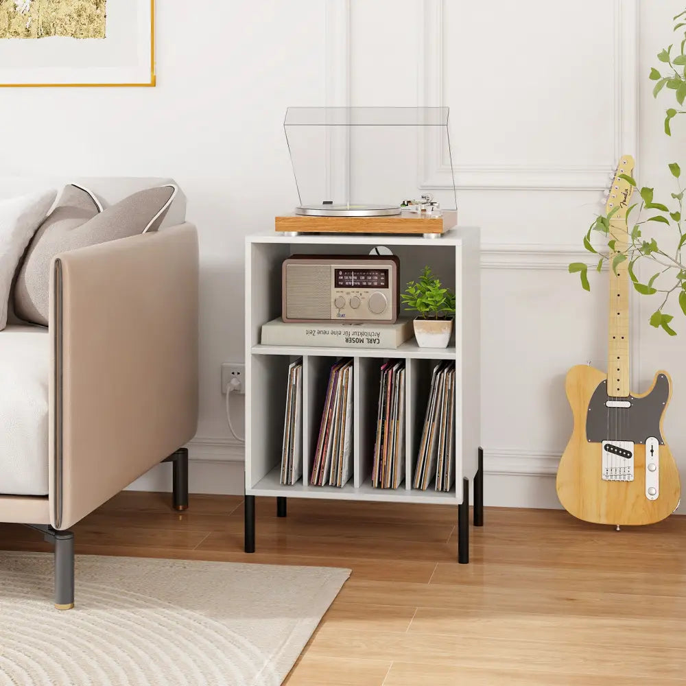 Record Player Stand with Record Storage Shelf and Charging Station-White - White - End & Side Tables