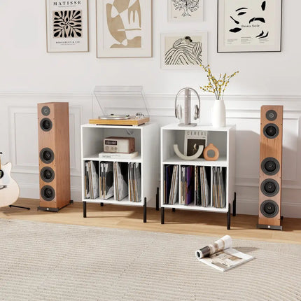 Record Player Stand with Record Storage Shelf and Charging Station-White - White - End & Side Tables
