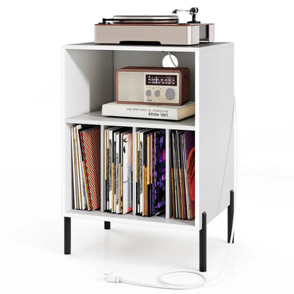 Record Player Stand with Record Storage Shelf and Charging Station-White - White - End & Side Tables