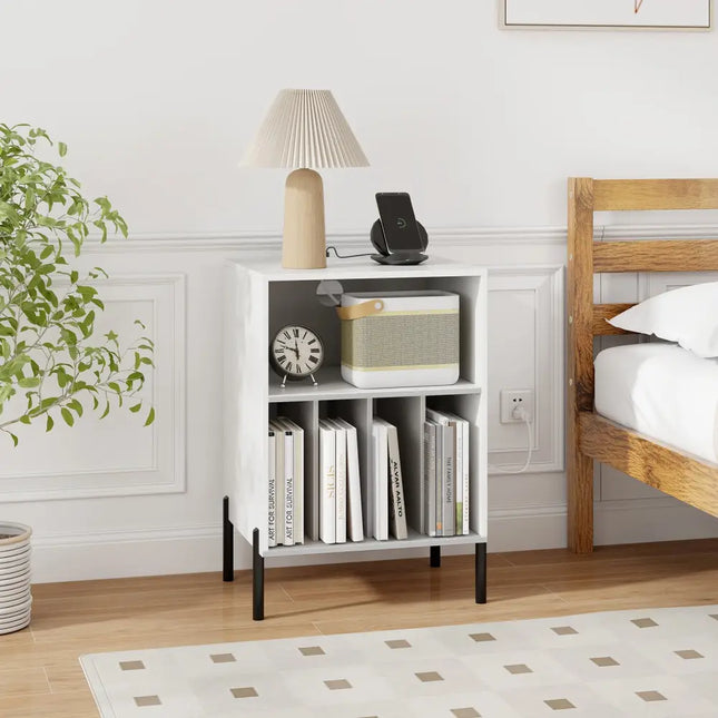Record Player Stand with Record Storage Shelf and Charging Station-White - White - End & Side Tables
