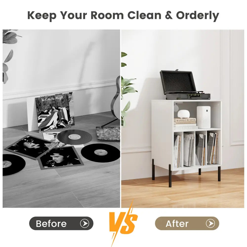 Record Player Stand with Record Storage Shelf and Charging Station-White - White - End & Side Tables