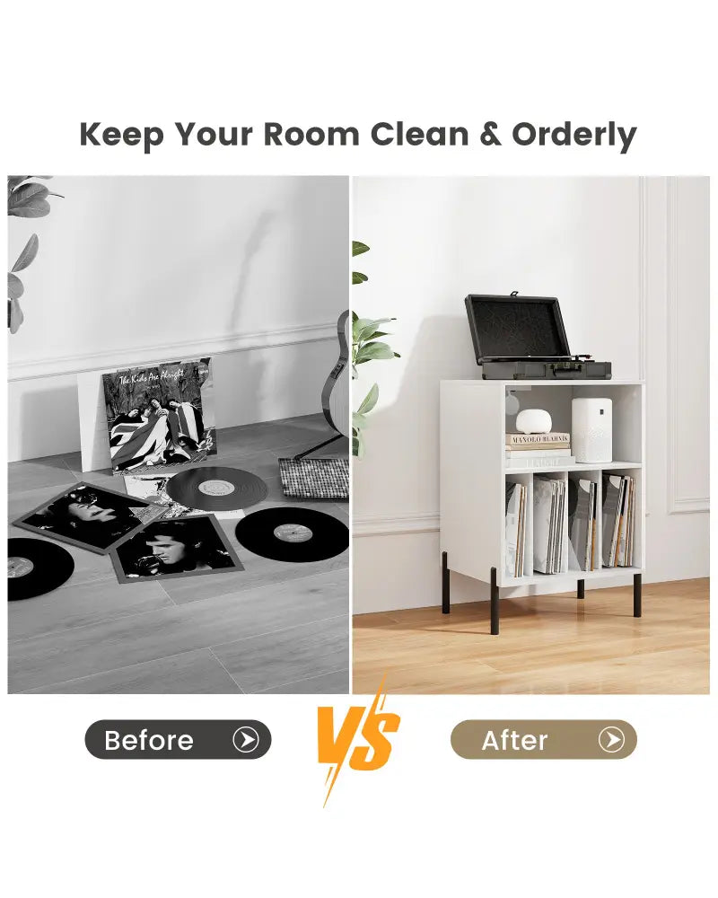 Record Player Stand with Record Storage Shelf and Charging Station-White - White - End & Side Tables