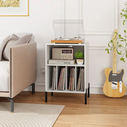 Record Player Stand with Record Storage Shelf and Charging Station-White - White - End & Side Tables