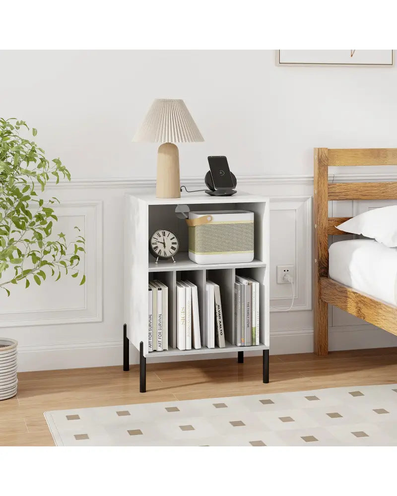 Record Player Stand with Record Storage Shelf and Charging Station-White - White - End & Side Tables