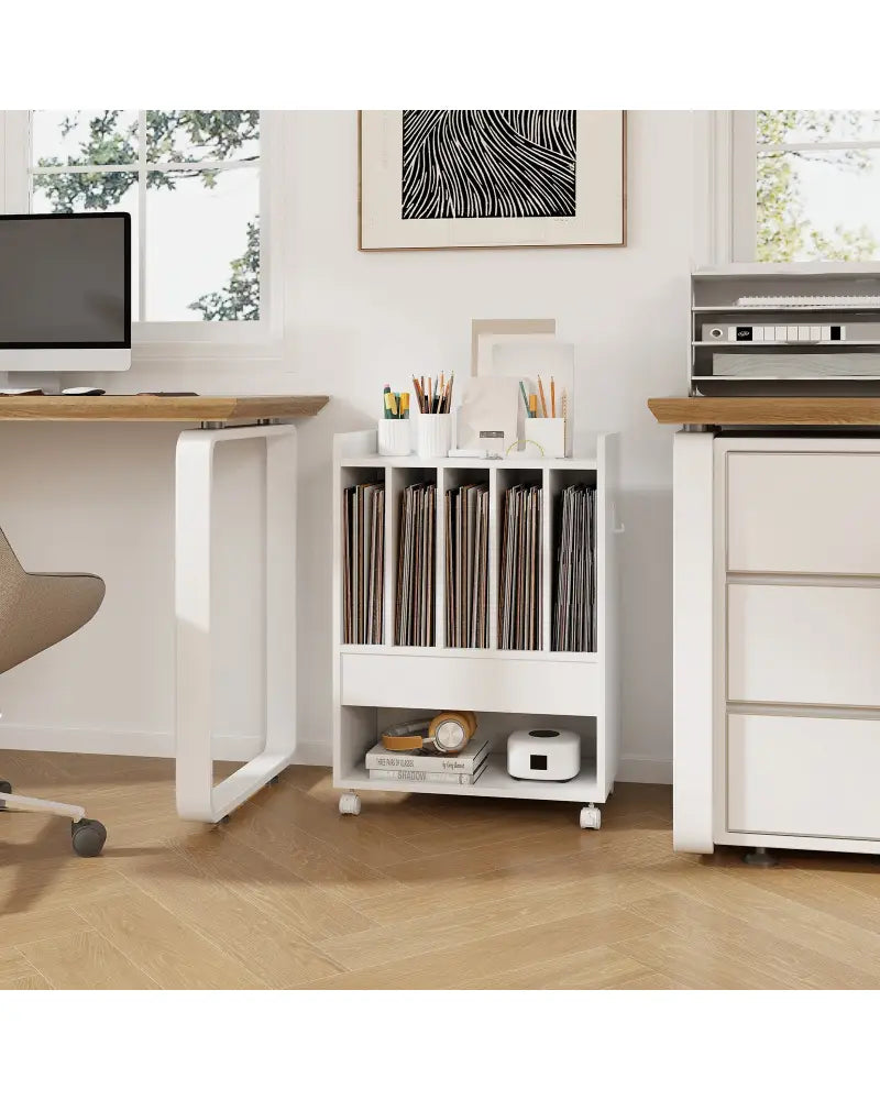 Record Rolling Turntable Player Stand with Drawer-White - White - End & Side Tables