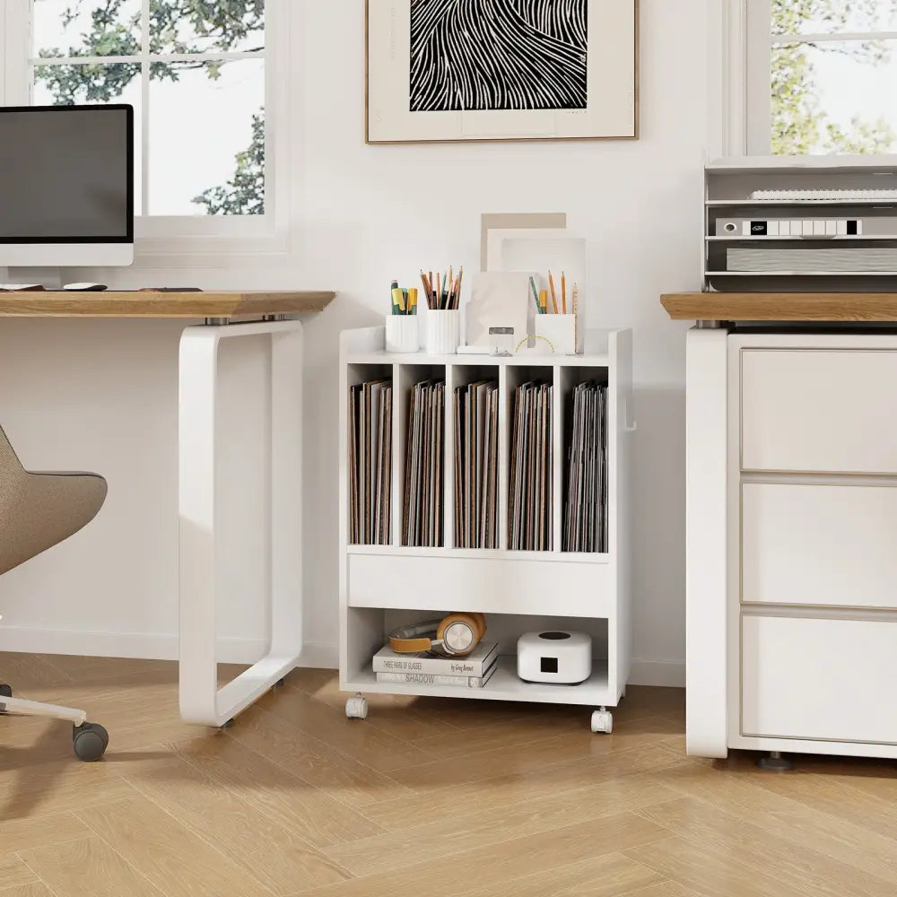 Record Rolling Turntable Player Stand with Drawer-White - White - End & Side Tables