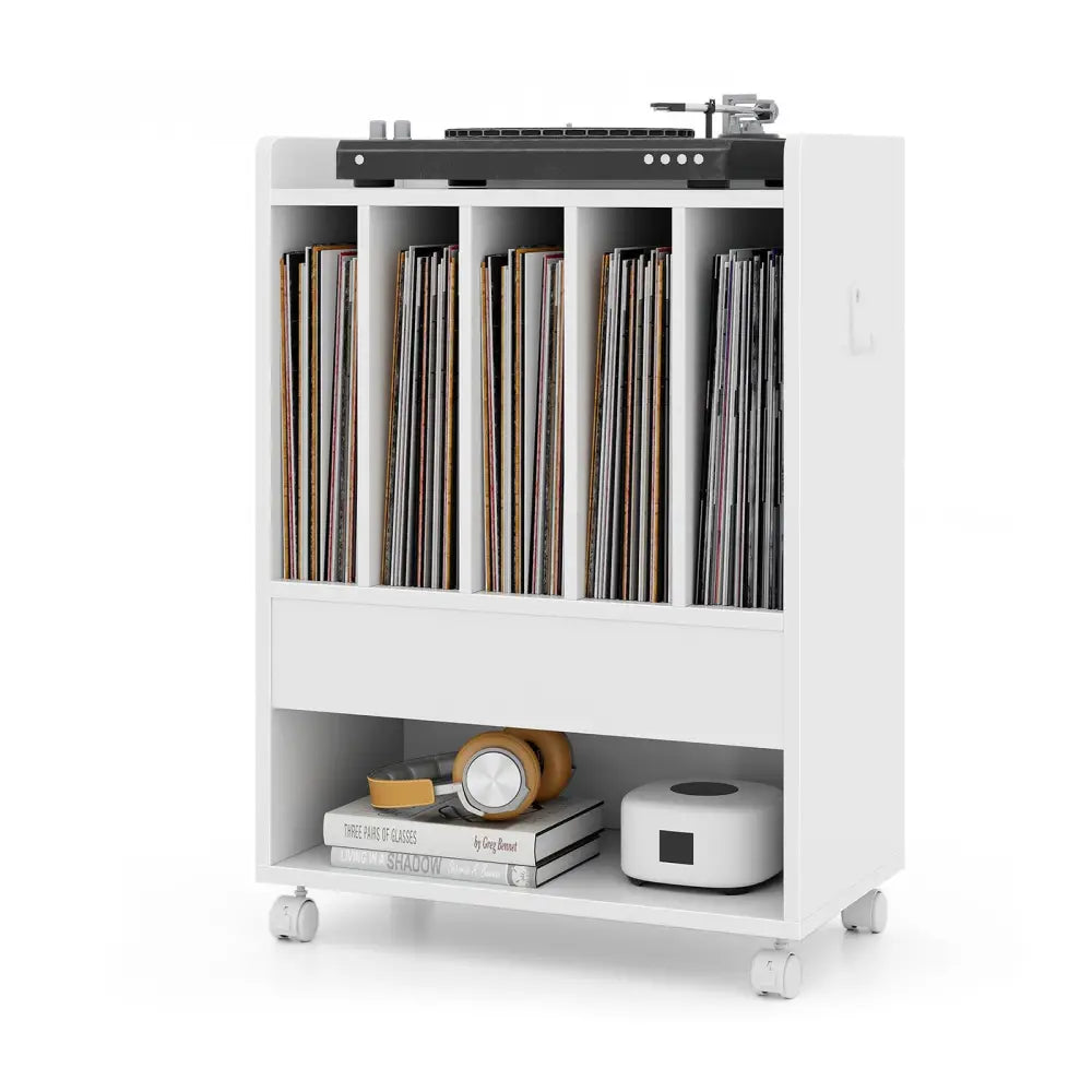 Record Rolling Turntable Player Stand with Drawer-White - White - End & Side Tables