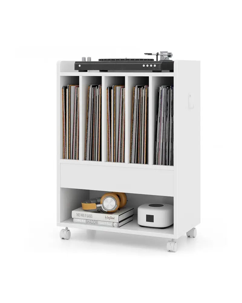 Record Rolling Turntable Player Stand with Drawer-White - White - End & Side Tables