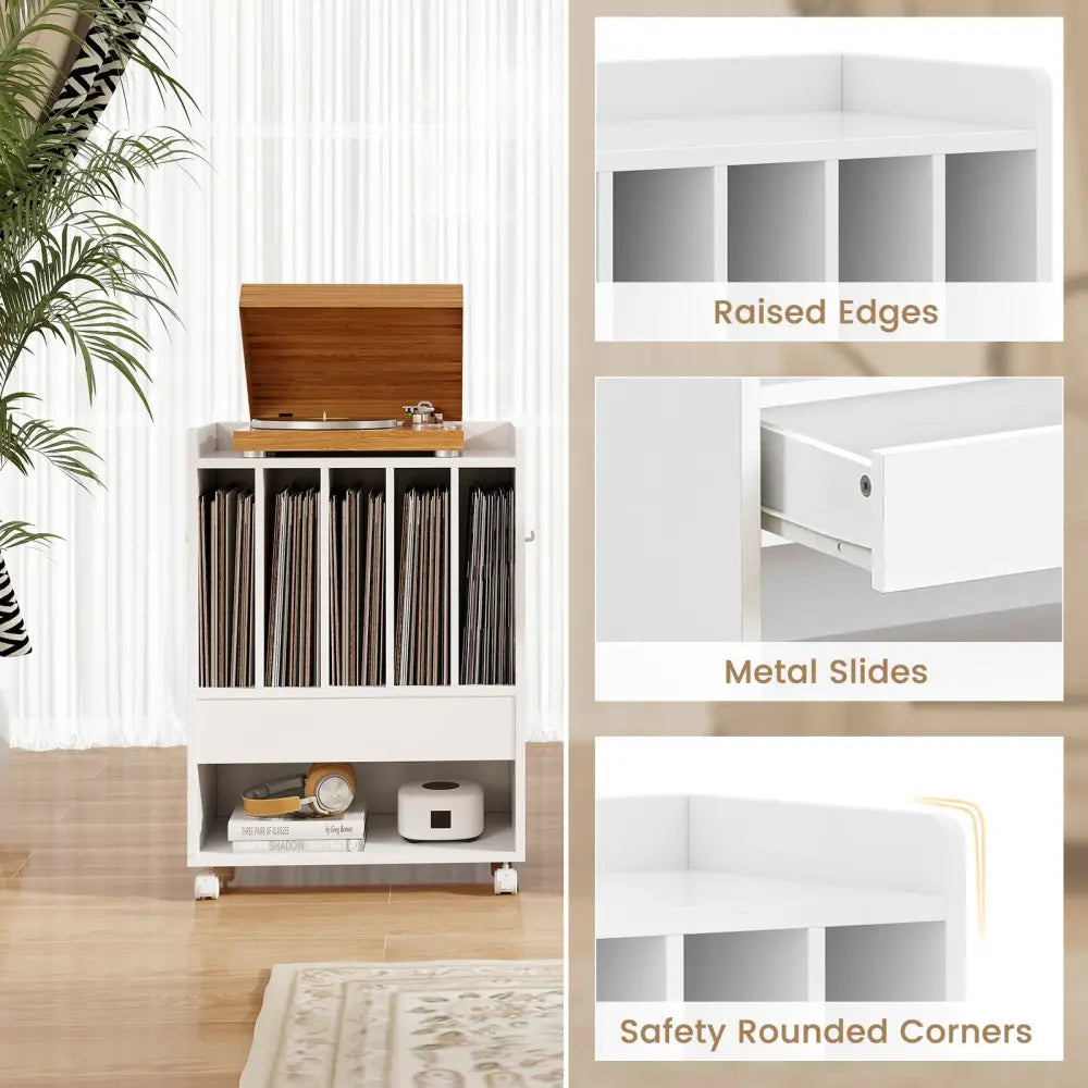 Record Rolling Turntable Player Stand with Drawer-White - White - End & Side Tables