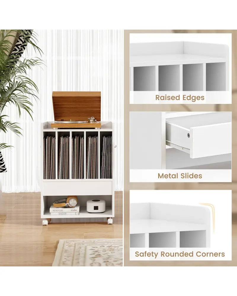 Record Rolling Turntable Player Stand with Drawer-White - White - End & Side Tables