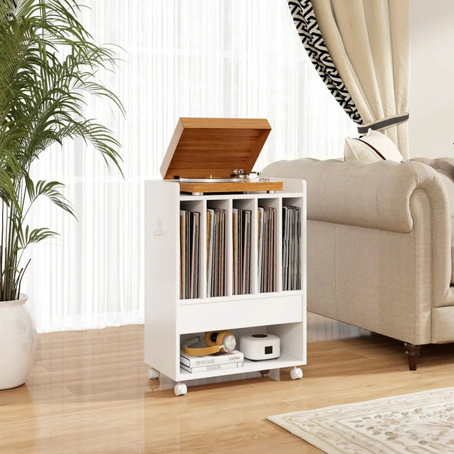 Record Rolling Turntable Player Stand with Drawer-White - White - End & Side Tables