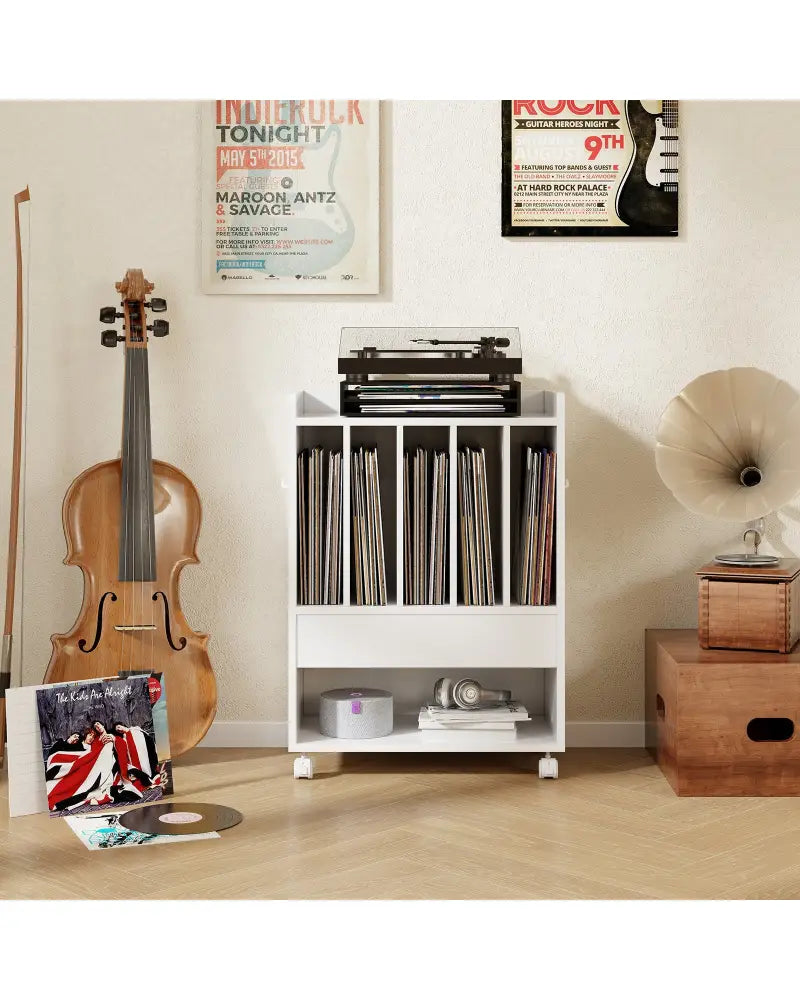 Record Rolling Turntable Player Stand with Drawer-White - White - End & Side Tables