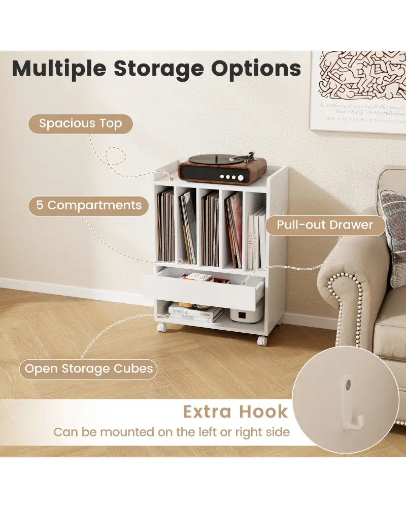 Record Rolling Turntable Player Stand with Drawer-White - White - End & Side Tables