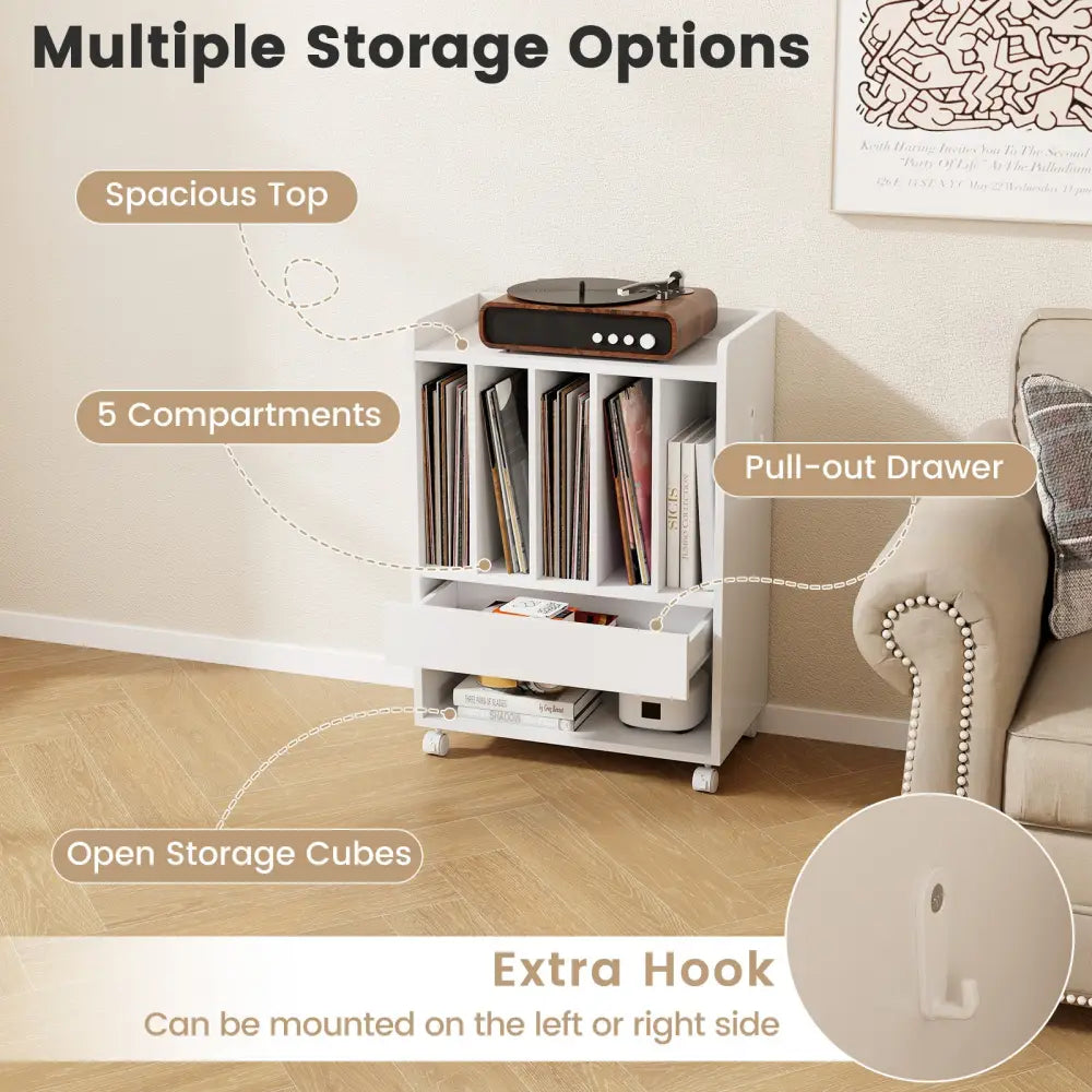 Record Rolling Turntable Player Stand with Drawer-White - White - End & Side Tables