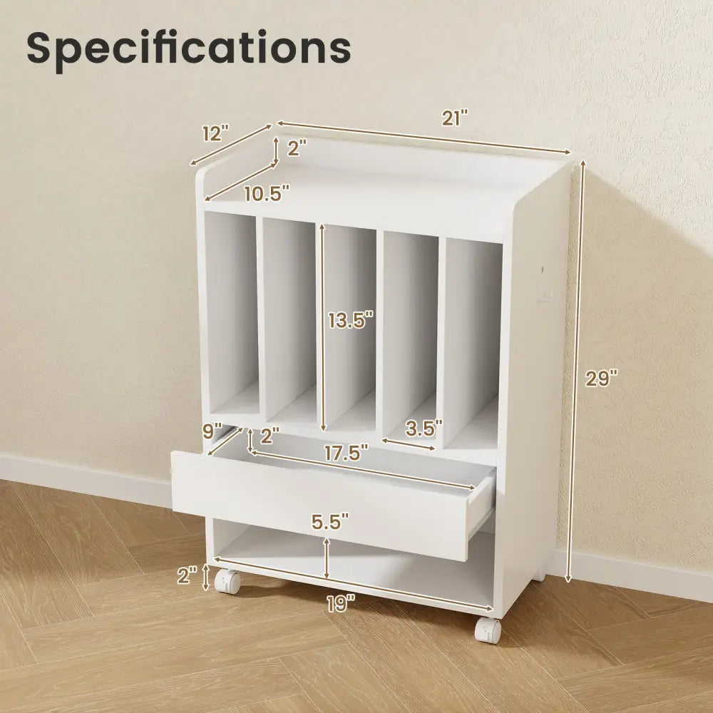 Record Rolling Turntable Player Stand with Drawer-White - White - End & Side Tables