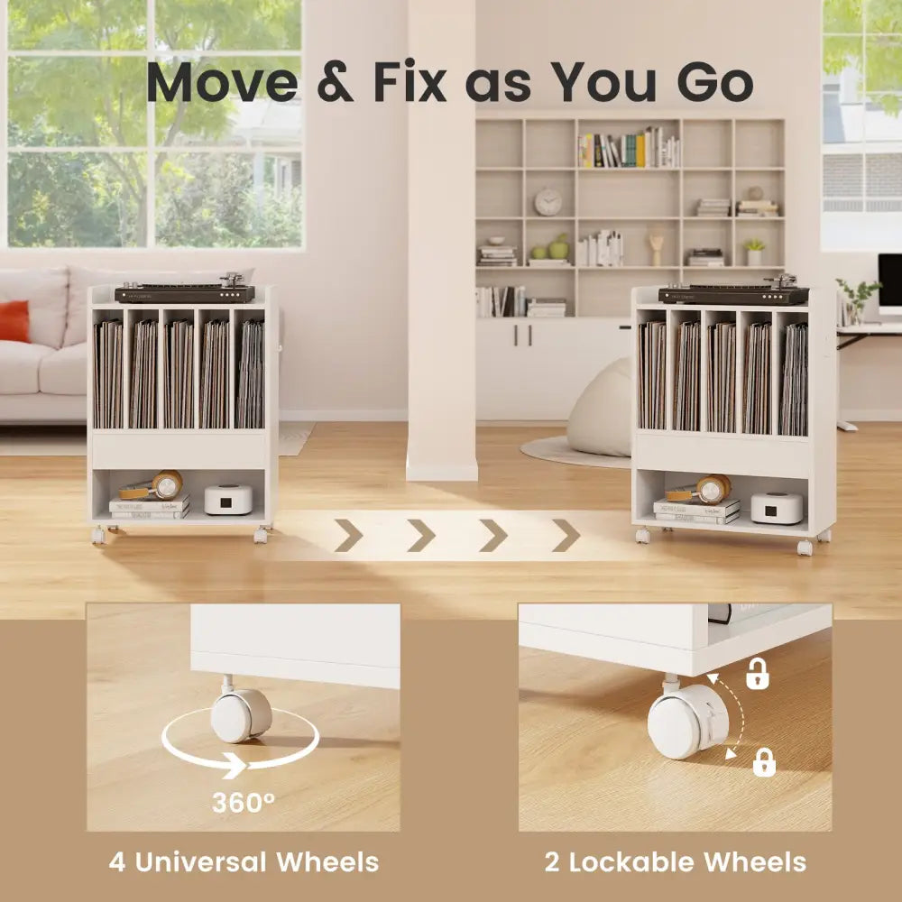 Record Rolling Turntable Player Stand with Drawer-White - White - End & Side Tables