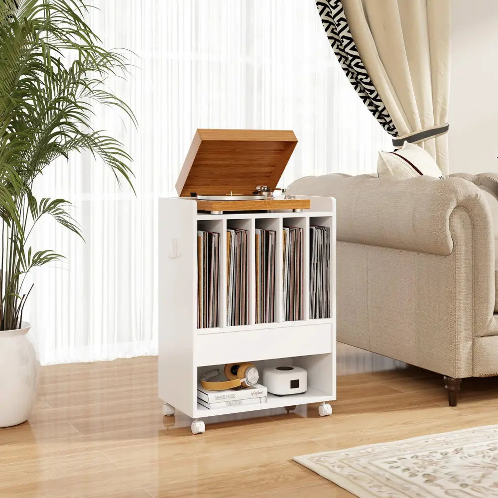 Record Rolling Turntable Player Stand with Drawer-White - White - End & Side Tables