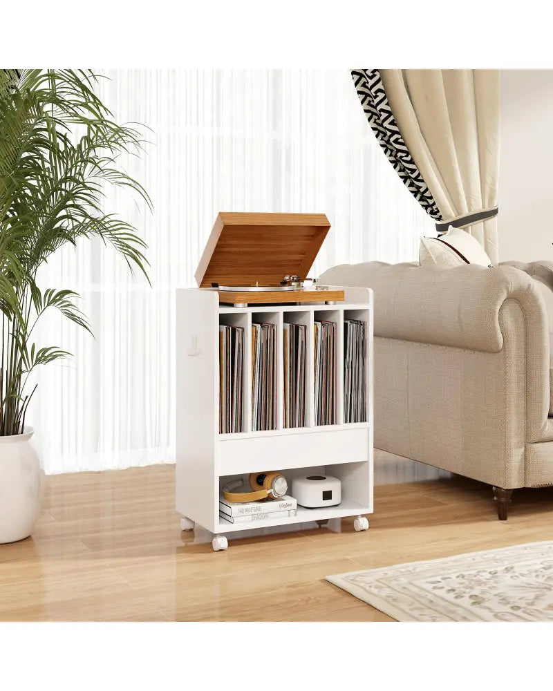 Record Rolling Turntable Player Stand with Drawer-White - White - End & Side Tables