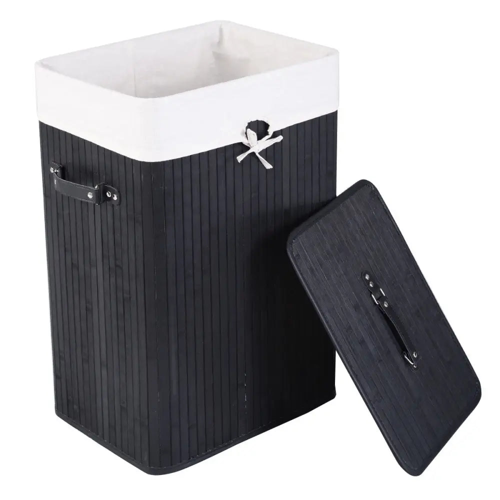 Rectangle Bamboo Hamper Laundry Basket Washing Cloth Bin Storage Bag Lid 3 color-Black - Black - Laundry Baskets